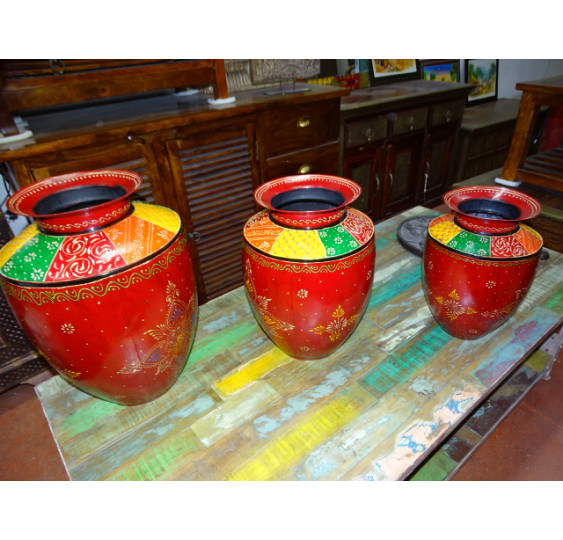 Low steel jar painted in multicolored relief 40 cm