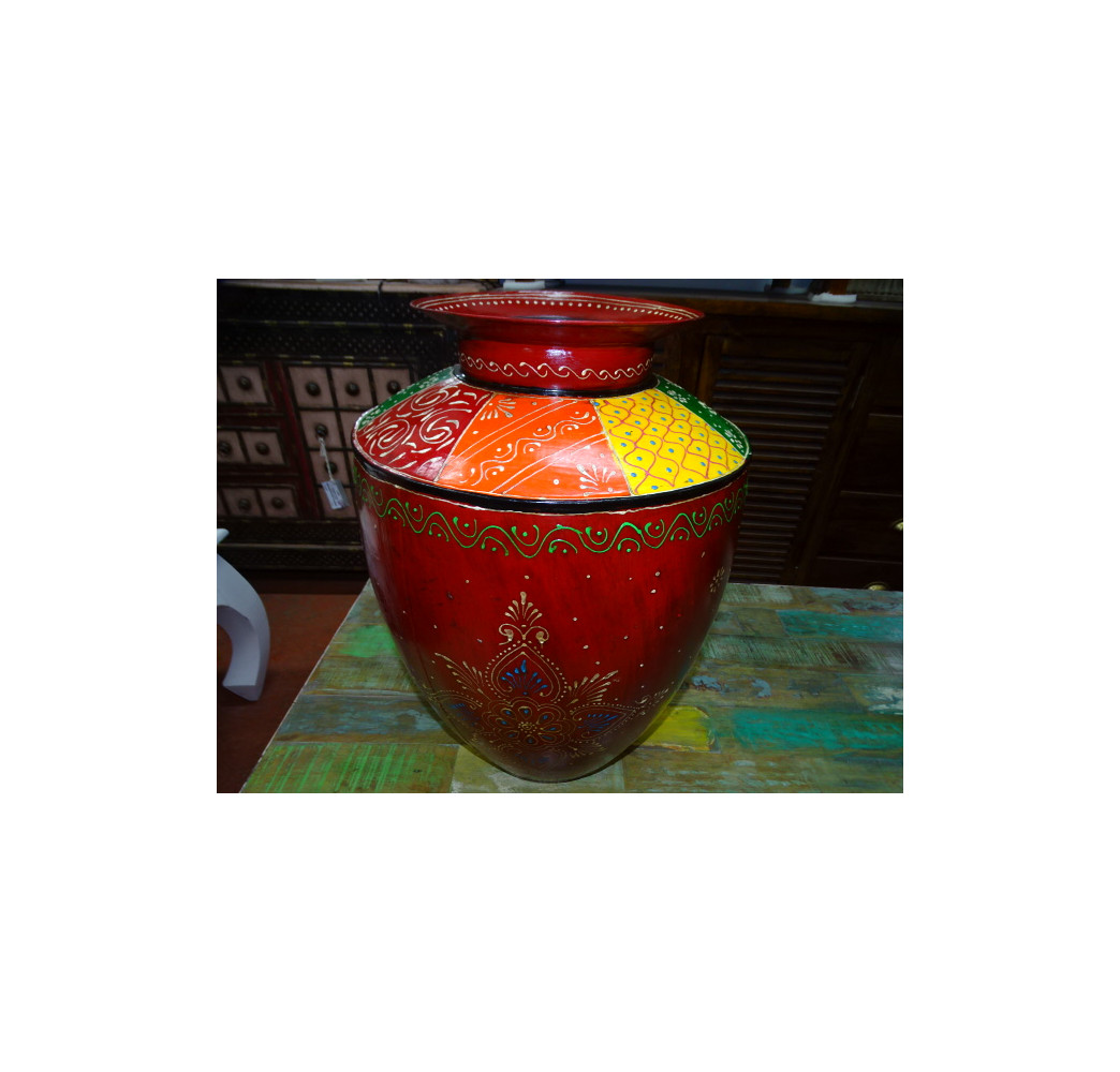 Low steel jar painted in multicolored relief 47 cm
