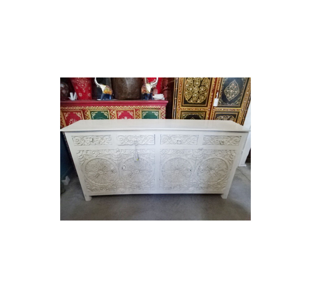 4-door 4-drawer carved white patina sideboard 180x90 cm