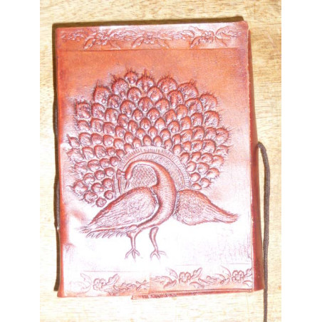 Leather travel diary with PEACOCK pattern 9x13 cm