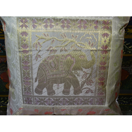 White cushion cover with 1 elephant and brocard
