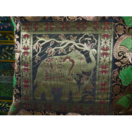 Cushion cover with 1 elephant and brocade edge in black, green and gold