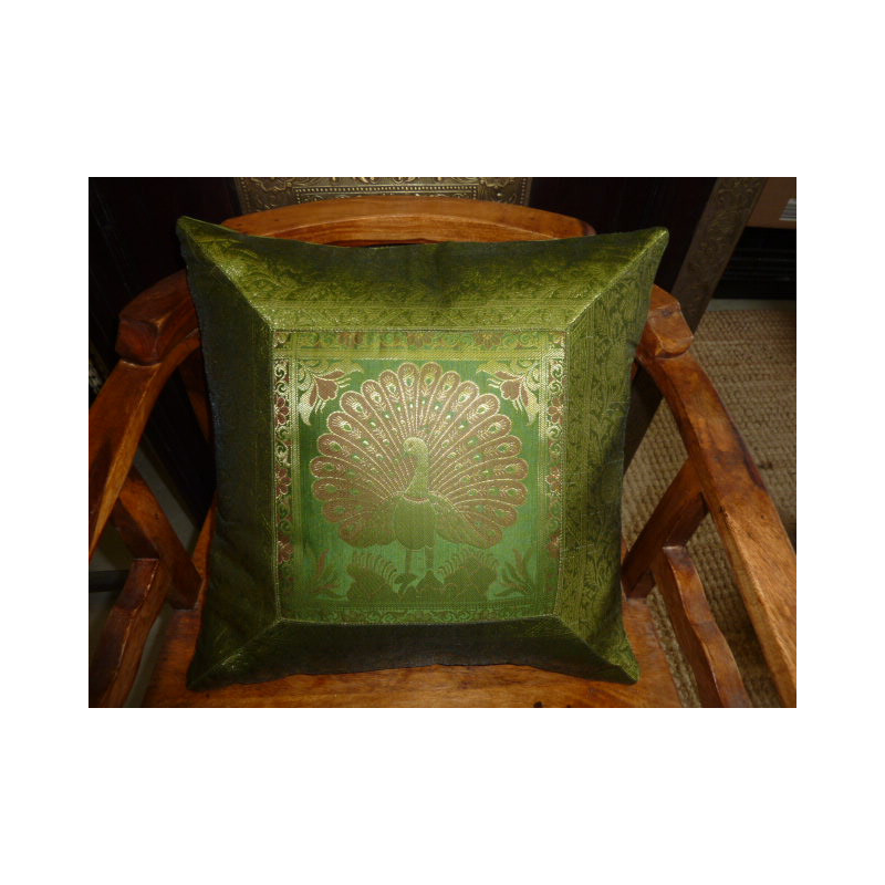 Housse de coussin paon vert bord brocart 40x40 cm