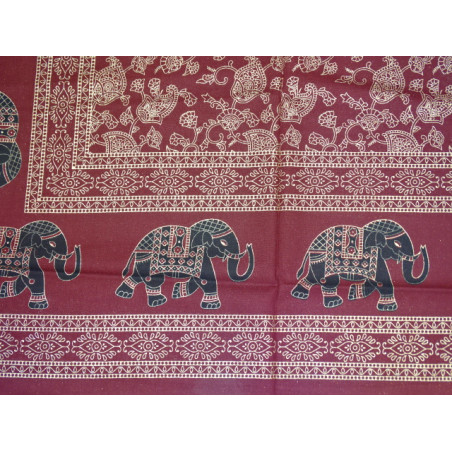 Tenture ou dessus de lit en coton de couleur bordeau avec éléphants dorés
