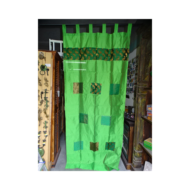 Rideaux taffetas vert printemps avec bandeau patchwork 250x110 cm