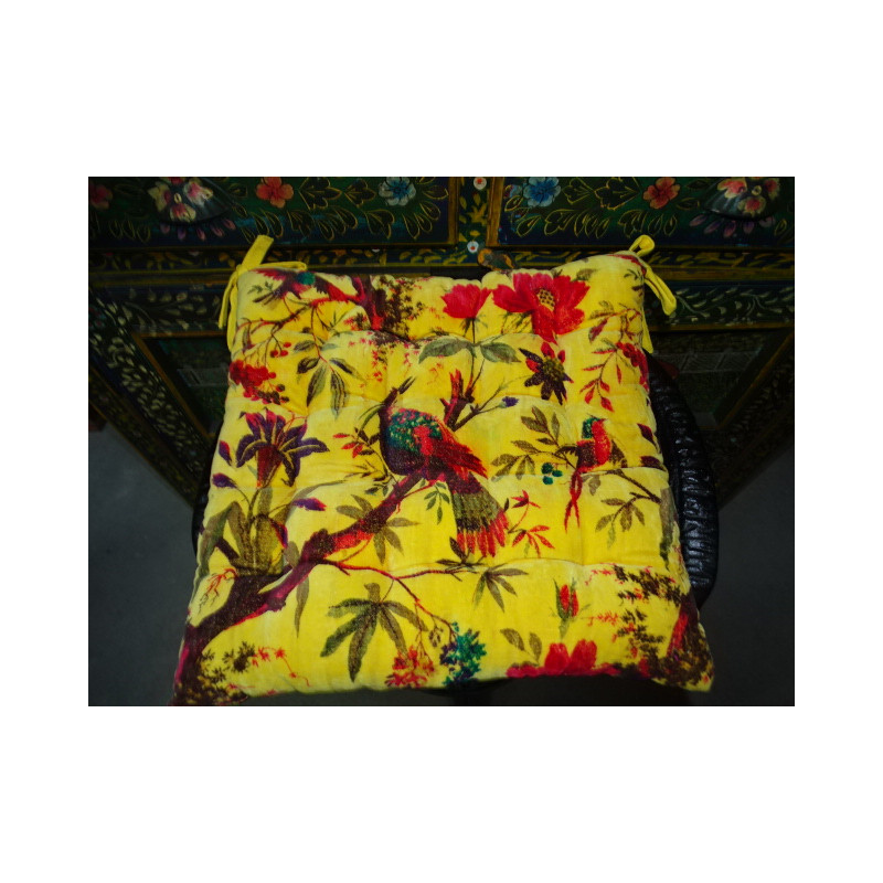 38x38cm Velvet Chair Cushion with Birds of Paradise - yellow