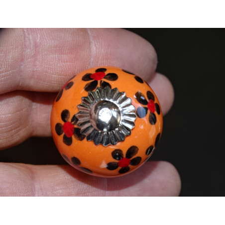 mini orange ceramic buttons and black flower - silver