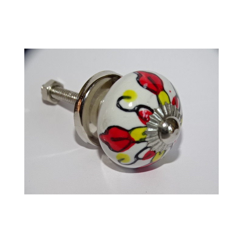 mini ceramic buttons red and yellow flower - silver