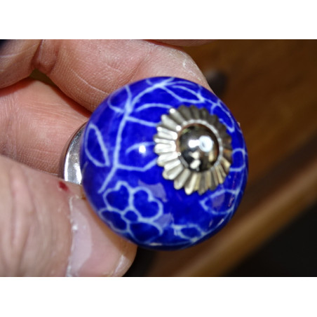 mini ultramarine ceramic buttons and white flower - silver