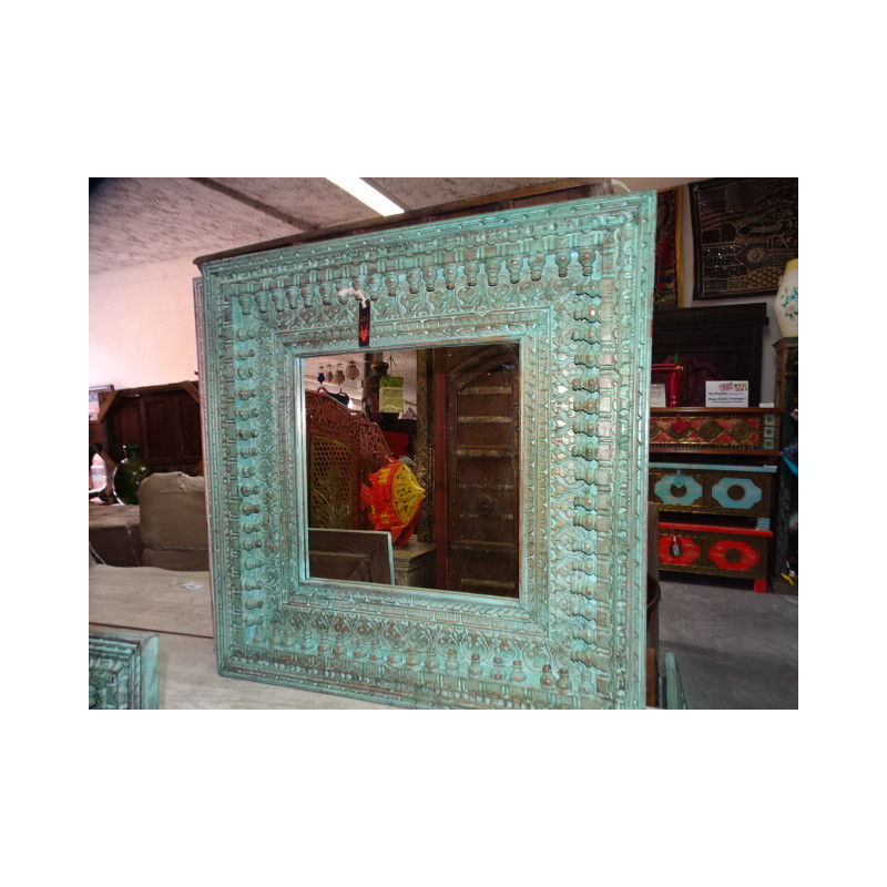Grand miroir sculpté et patiné en turquoise 100x100 cm