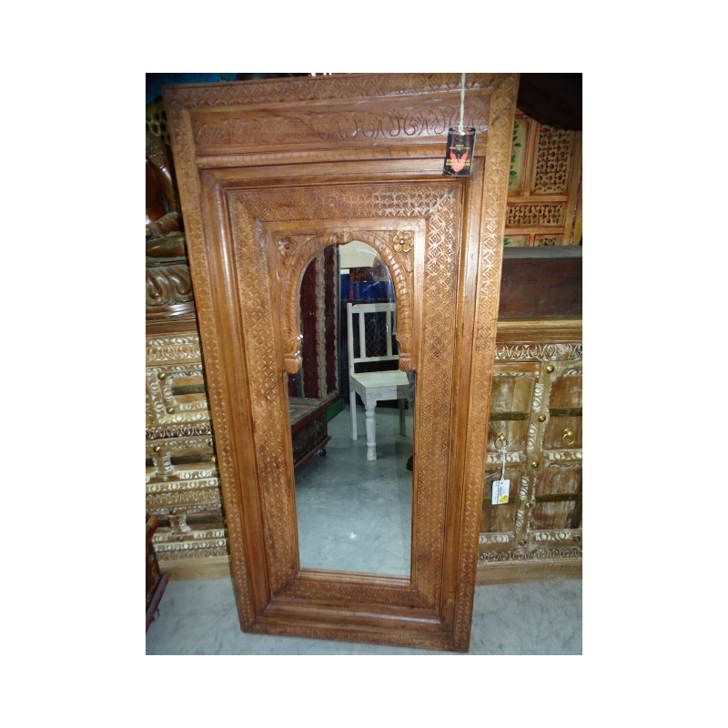 Large carved mirror JHAROKHA patinated teak in 70x10x148 cm