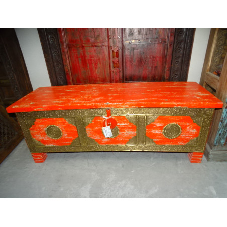 Long mango wood cover chest with orange and brass patina