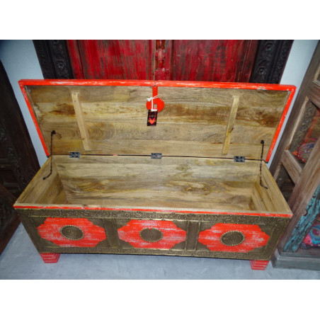 Long mango wood cover chest with orange and brass patina