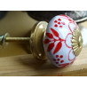 Porcelain drawer handle red flower and 4 foliage