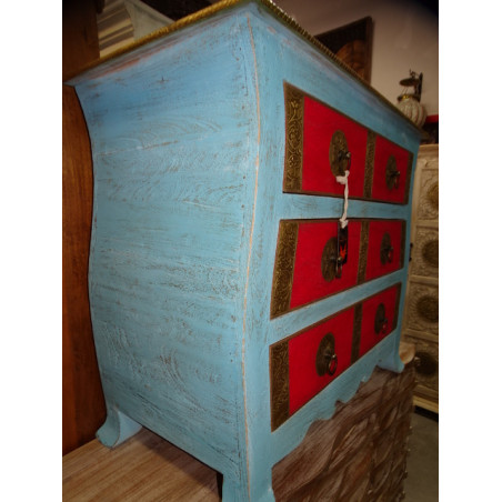 Indian chest  red and turquoise with 6 drawers decorated with brass