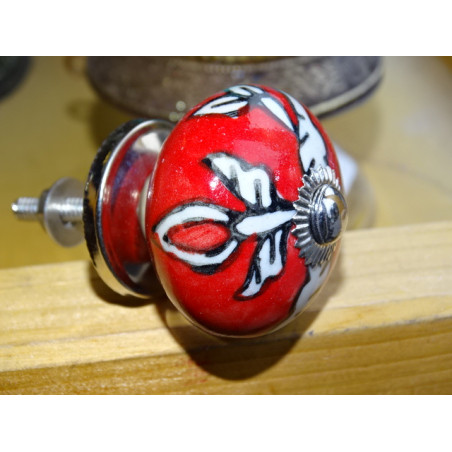 Poignée de tiroir en porcelaine arabesque blanches et rouge (argenté)