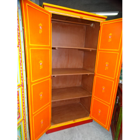 Armoire penderie portes peintes orange avec fleurs - 100x60x200 cm