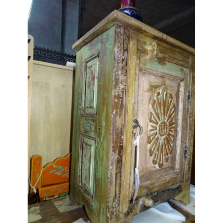 Patinated recycled white teak bedside table with carved flower door