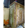Patinated recycled white teak bedside table with carved flower door