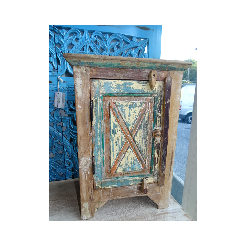 Bedside table in teak recycled patinated in turquoise and white