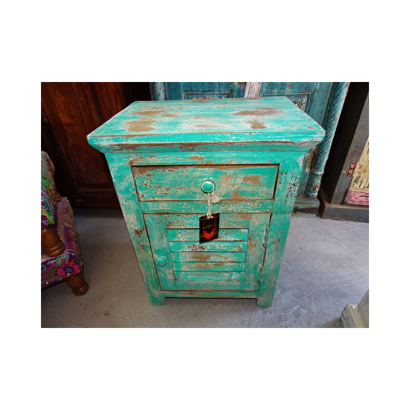 Turquoise bedside table with louvered door and 1 drawer