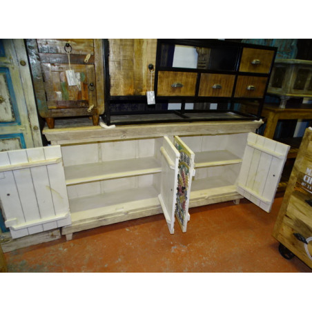 Low sideboard 4 doors fully carved and patinated multicolor pastel