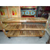 Coffee table with industrial recycled teak with trolley wheels
