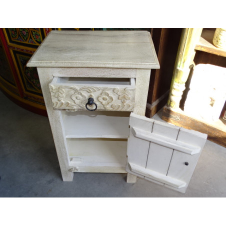 High nightstand 1 drawer 1 carved door with a sanded white patina