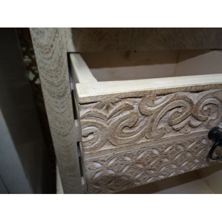 High bedside table with 3 sculpted drawers with a sanded white patina 45x69 cm