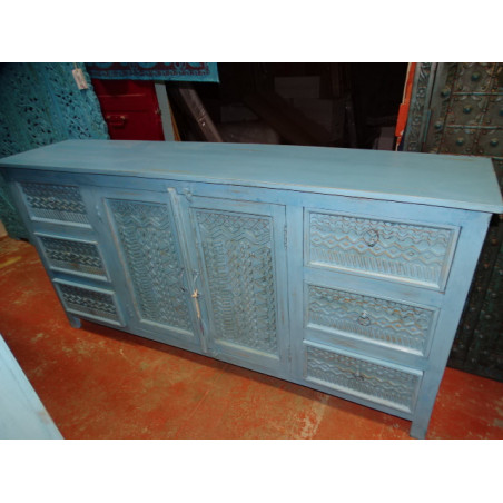Large sideboard 6 drawers 2 doors patinated turquoise and sandblasted - 180 cm