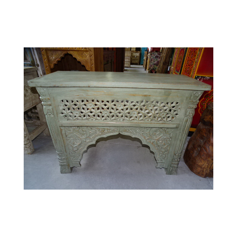 Indian low console carved and patinated in turquoise color