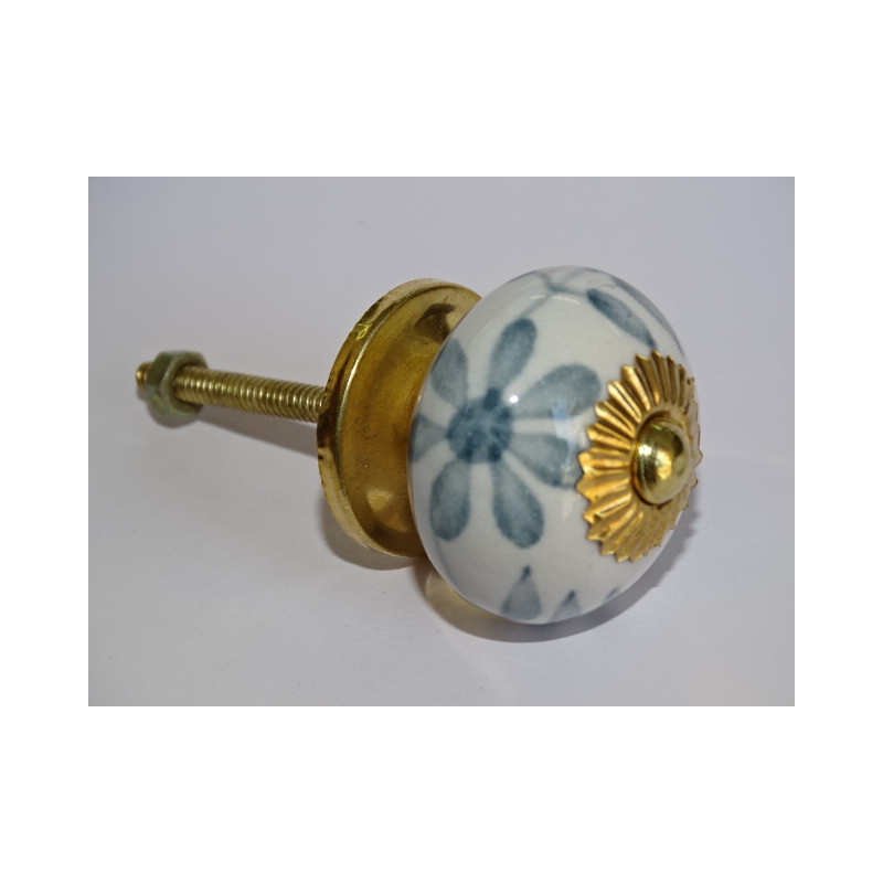 White drawer or door knobs with large gray flower