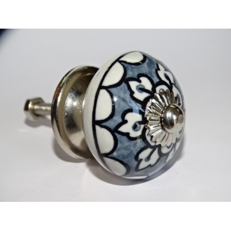 Gray porcelain furniture knobs with white flowers - silver