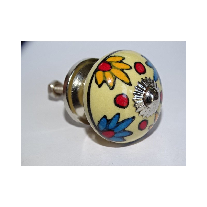 Yellow furniture knobs with orange and turquoise flowers - silver