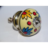 Yellow furniture knobs with orange and turquoise flowers - silver