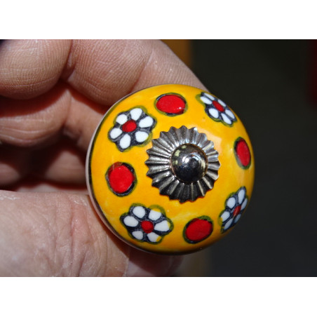 Orange polka dots and red flowers porcelain furniture knobs - silver