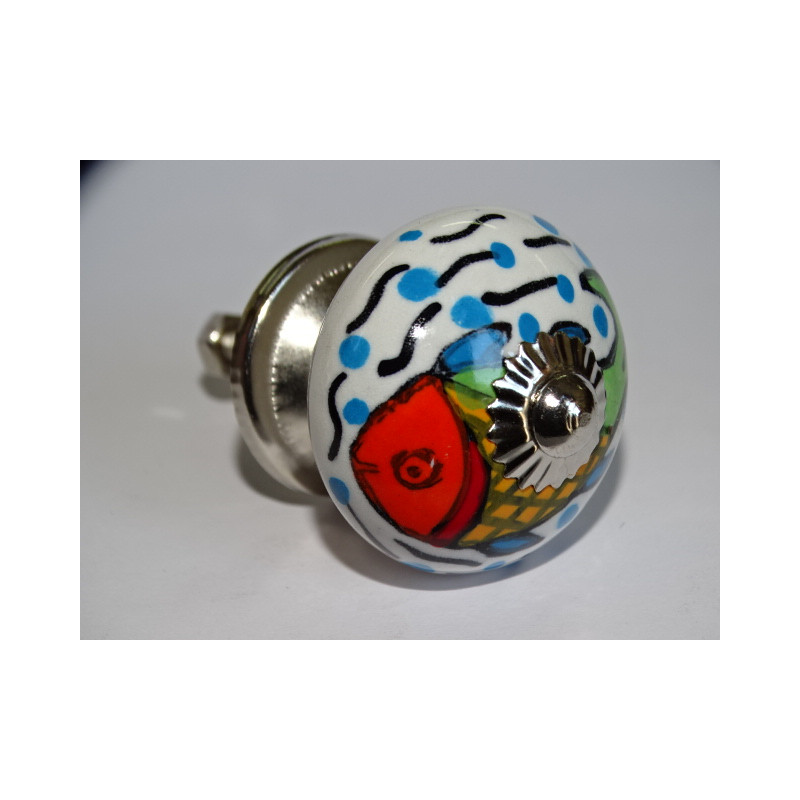 Furniture knobs in white porcelain and multicolored fish - silver