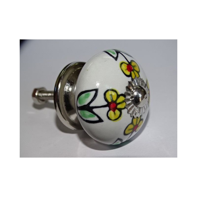 Furniture knobs in white porcelain and small yellow flowers - silver