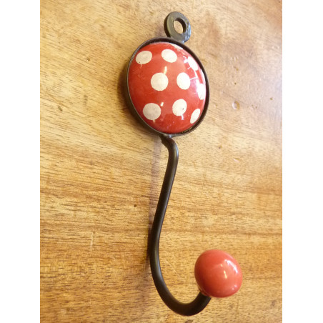 Red and round porcelain hook with white polka dots