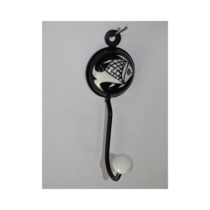round coat hook in black porcelain and white fish
