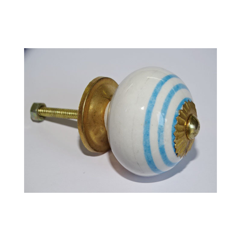 Furniture knobs in white porcelain with turquoise lines - gold
