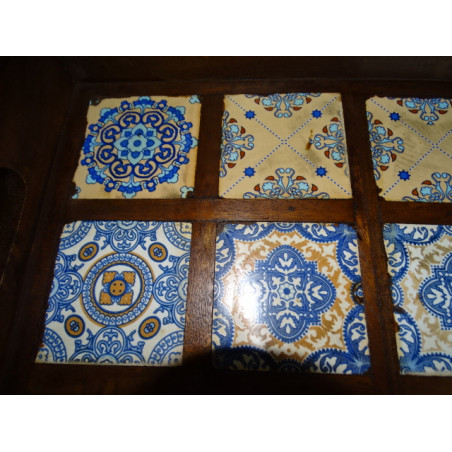 Tray in rosewood, turquoise and cream ceramic tiles