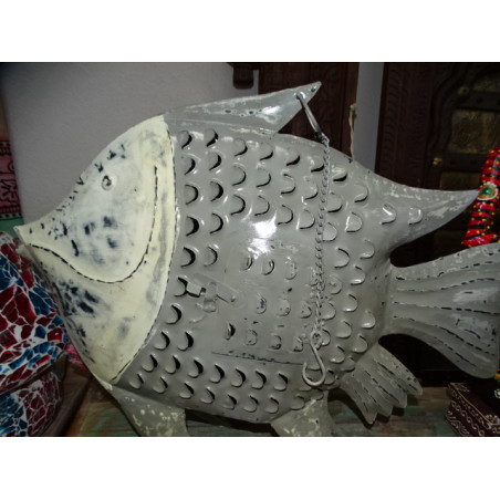 Gray and ecru colored painted metal candle holder fish - 60 cm
