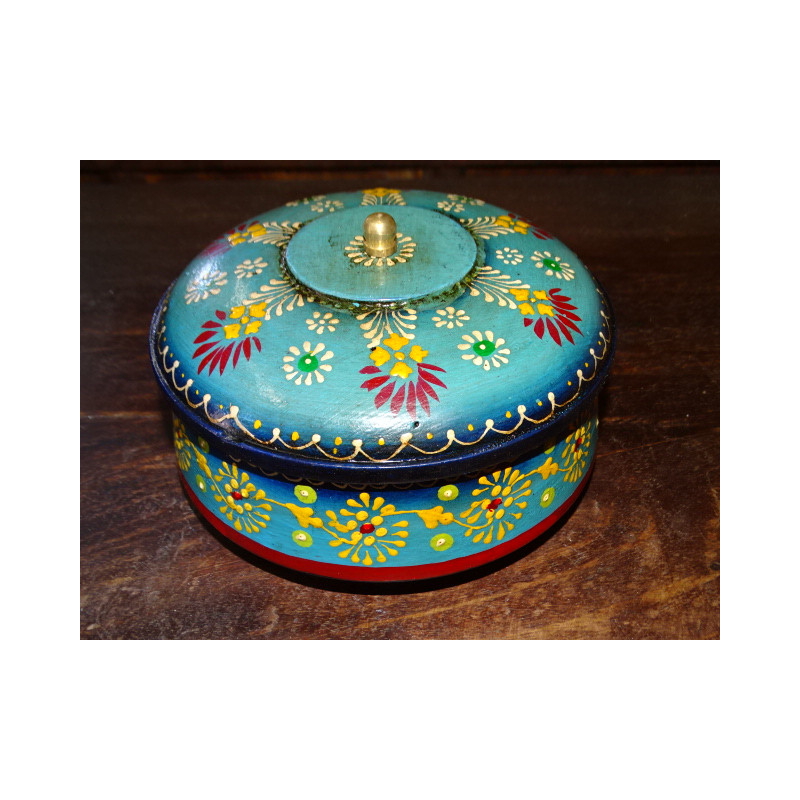 Hand painted green round box with a diameter of 14 cm