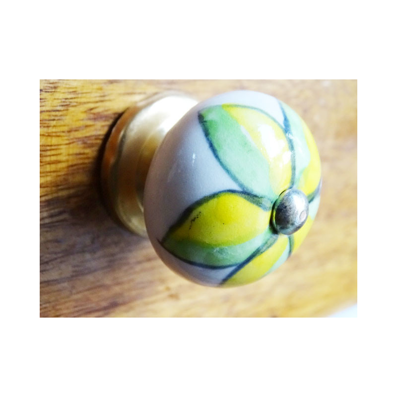 Ceramic cabinet knob green and yellow flower