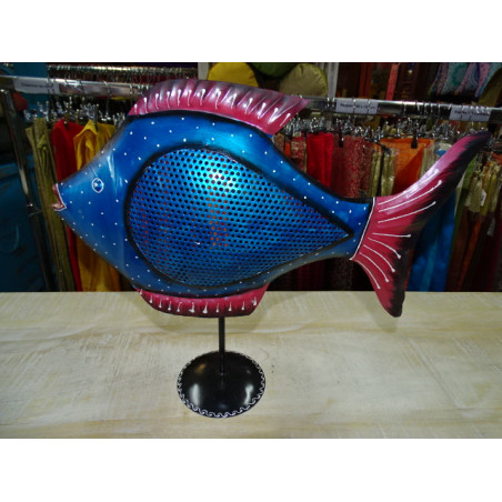 Candlestick tin fish painted by hand in blue color