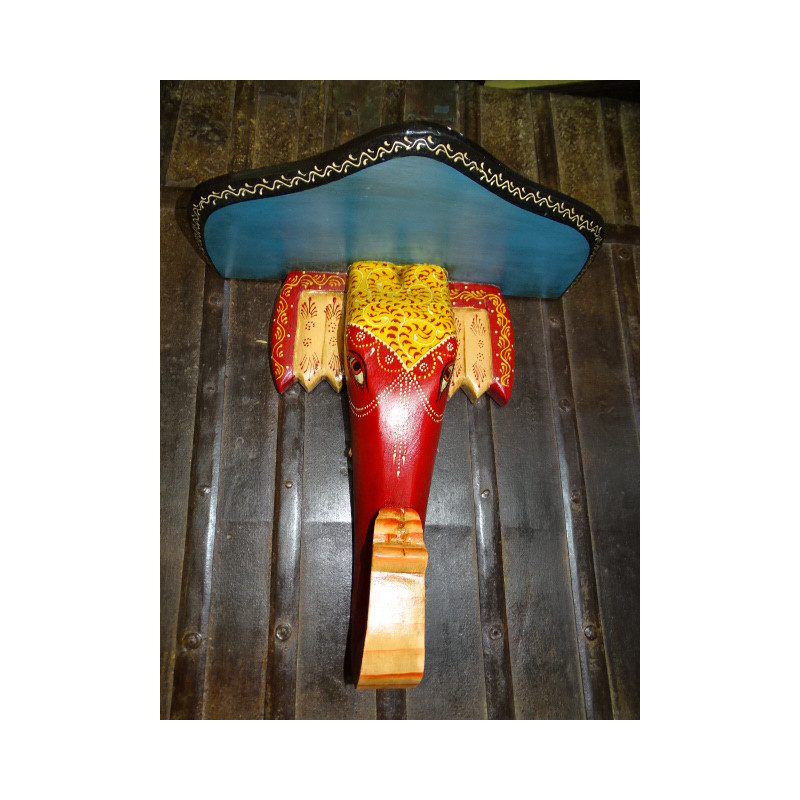 Console peinte en relief avec un éléphant sculpté - rouge, jaune et noire