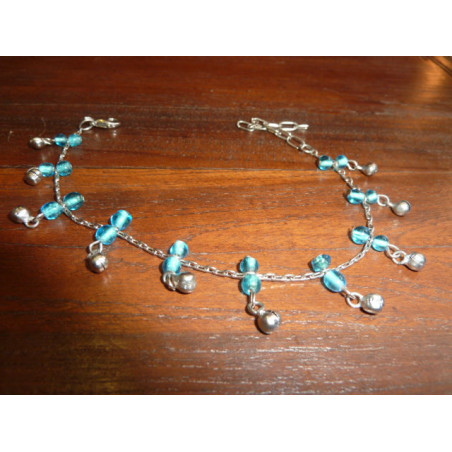Bracelets de cheville double perles bleu ciel/argent