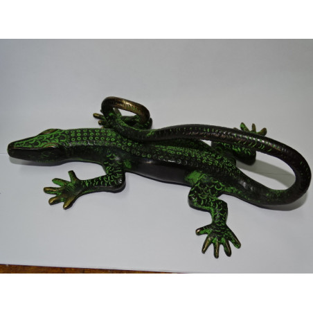 Large black lizard bronze handle with green patina - right