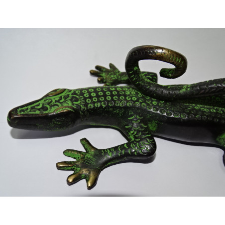 Large black lizard bronze handle with green patina - right